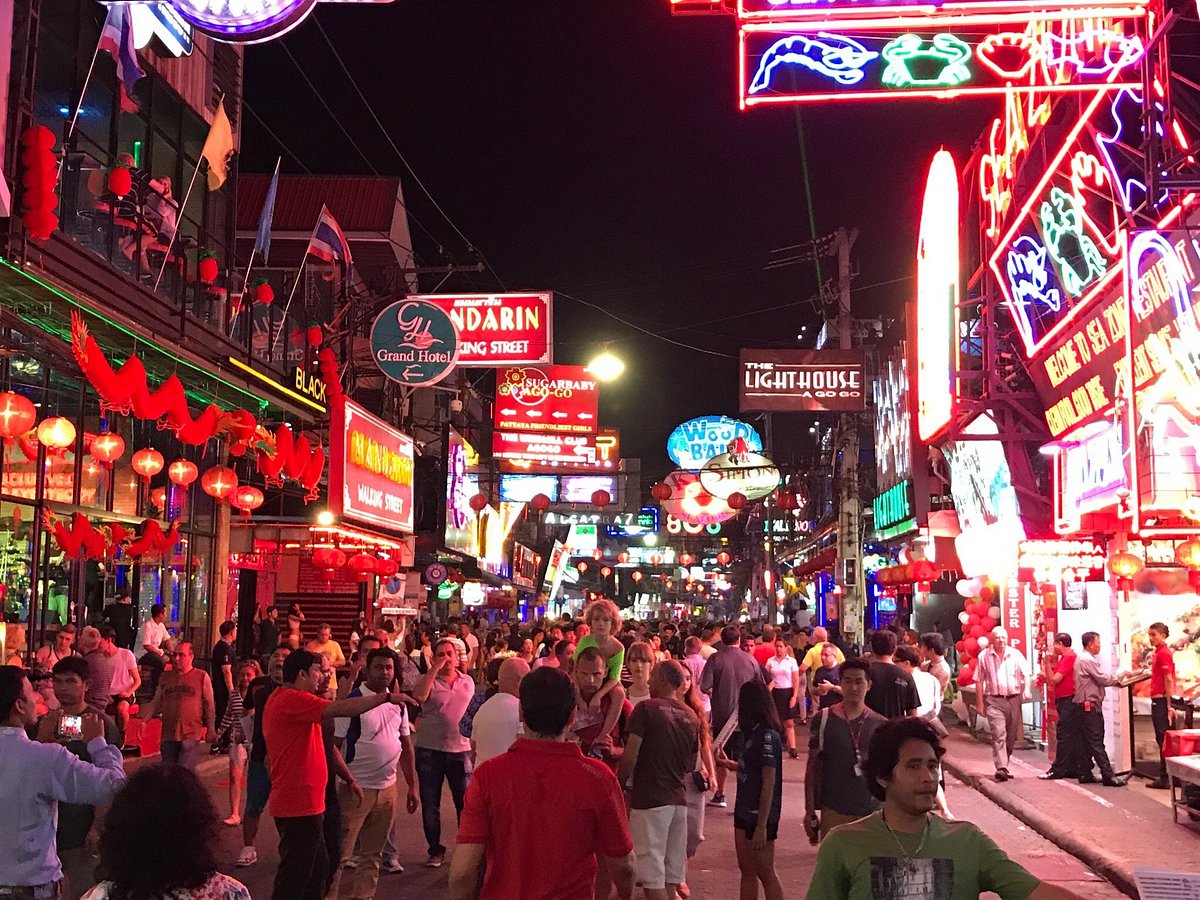 Crowd movement and nightlife activity on Walking Street Pattaya