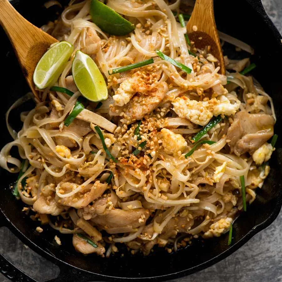 Pad Thai street food dish with shrimp and noodles