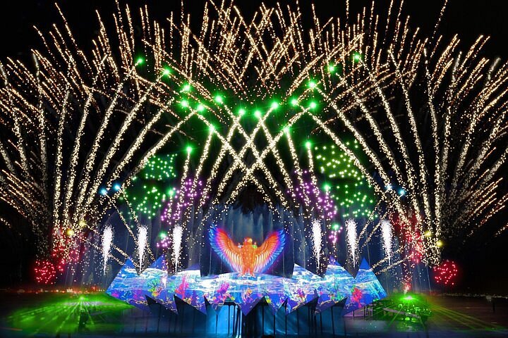 Fire jets and projection mapping during Wings of Time Sentosa