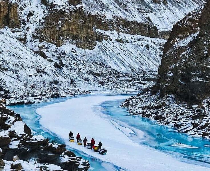 Trekkers walking on frozen Zanskar River during Chadar Trek